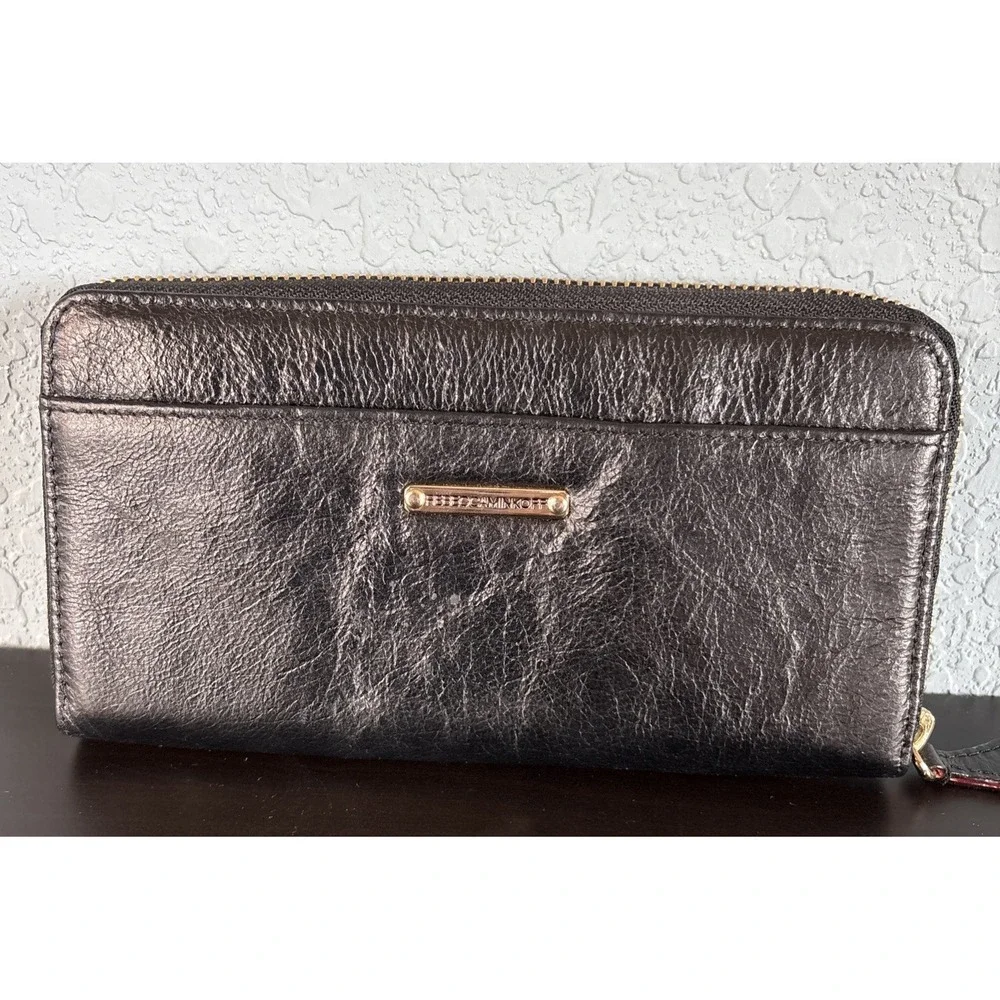 Rebecca‎ Minkoff Zip Around Wallet Black Gold Hardware Credit Card Billfold